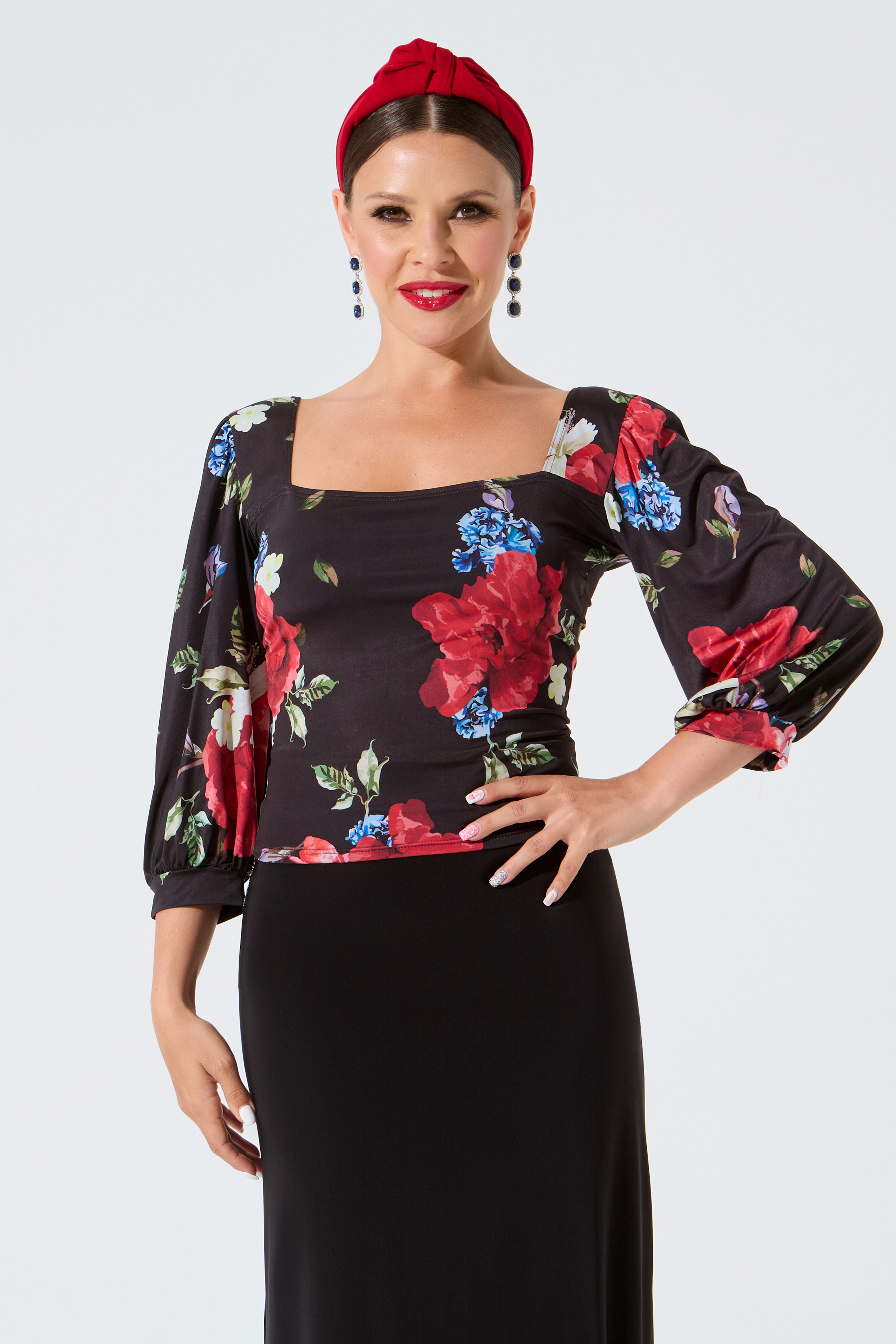 Блузка с рукавами "фонарик" (цветочный принт)